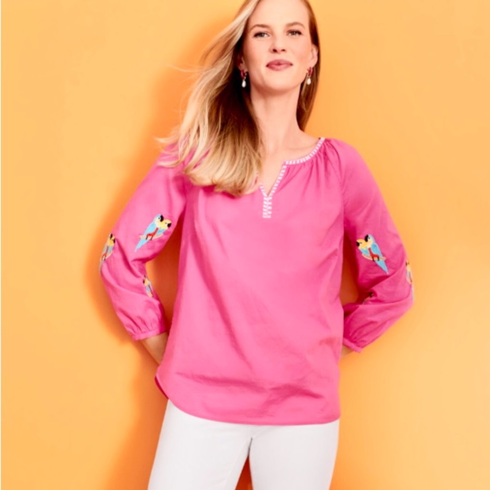 Talbot’s Parrot embellished pink voile blouse, Sz M